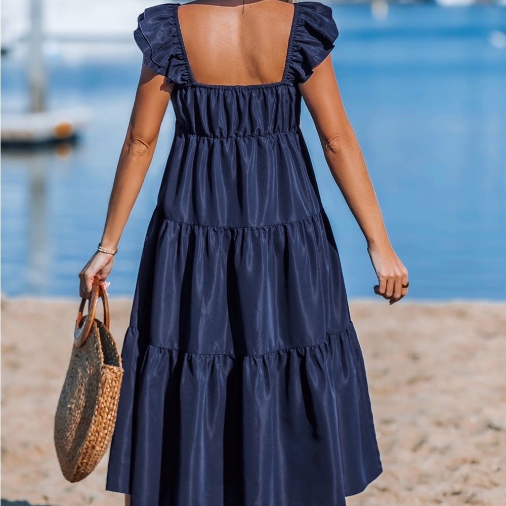 NWT Navy Ruffle-Sleeve Tiered Maxi Dress - Picture 2 of 5